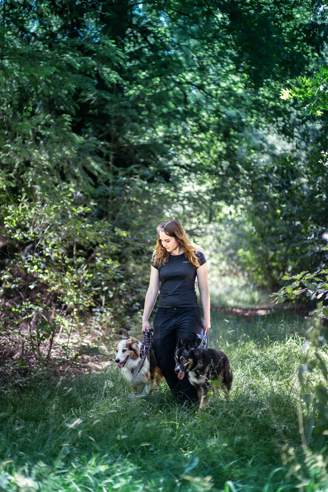 Marie_2769_web Dog-Qi Inhaberin Marie in der Leinenführung mit Jimmy und Hope